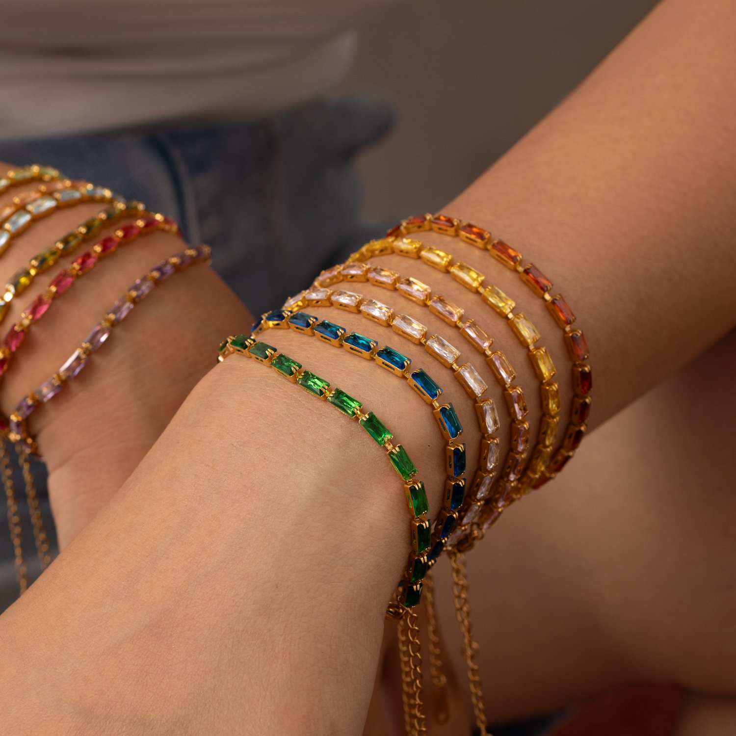Luxury Baguette Birthstone Cubic Zirconia Bracelet for Women 18k Gold Plated Stainless Steel Tennis Bracelets Waterproof Jewelry