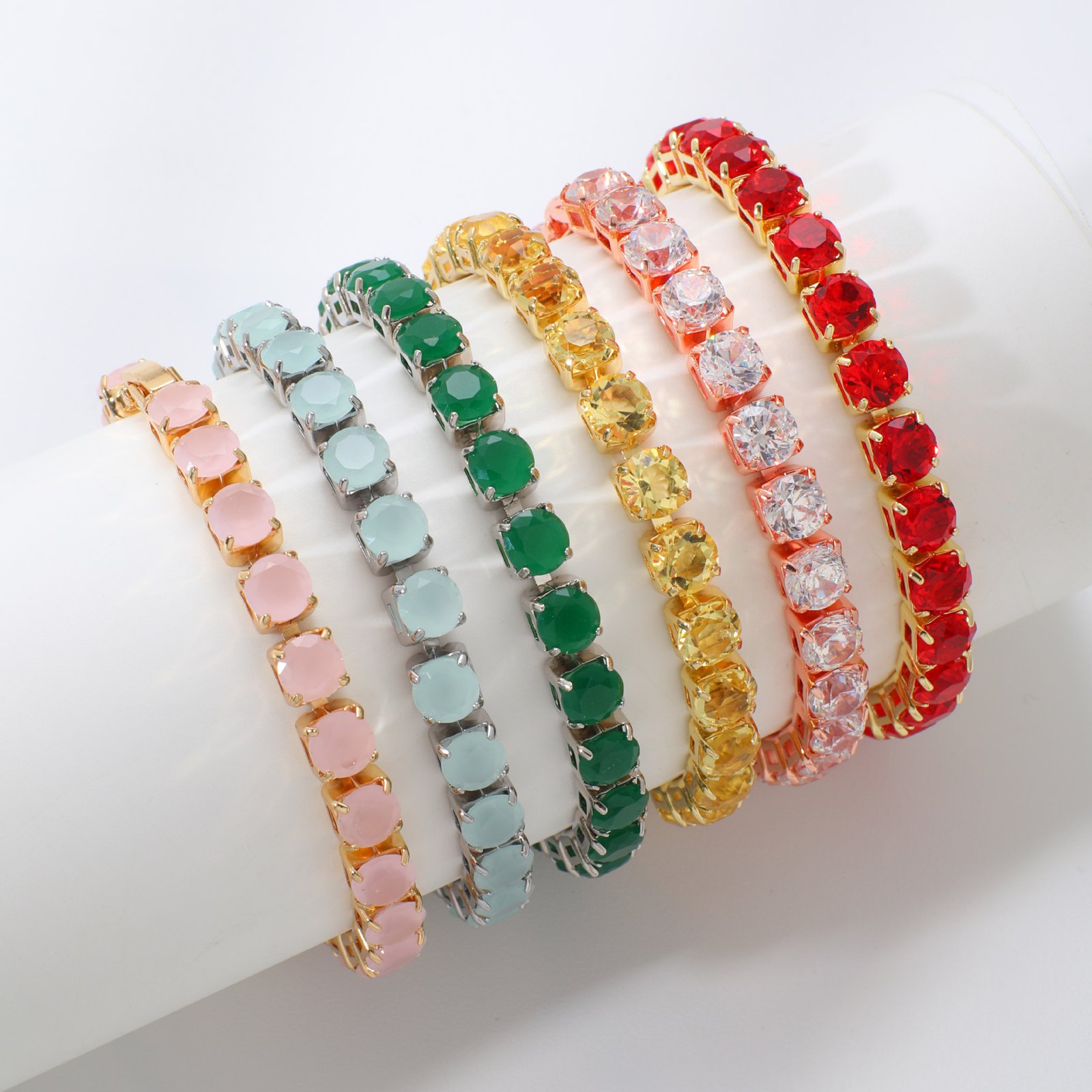 Trendy Elegant Classic 18K Gold Plated Colorful Rainbow Candy Round Copper Zircon Women Adjustable Tennis Chain Cuff Bracelet